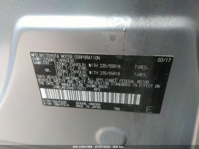 2017 TOYOTA RAV4 HYBRID LIMITED JTMDJREVXHD115071