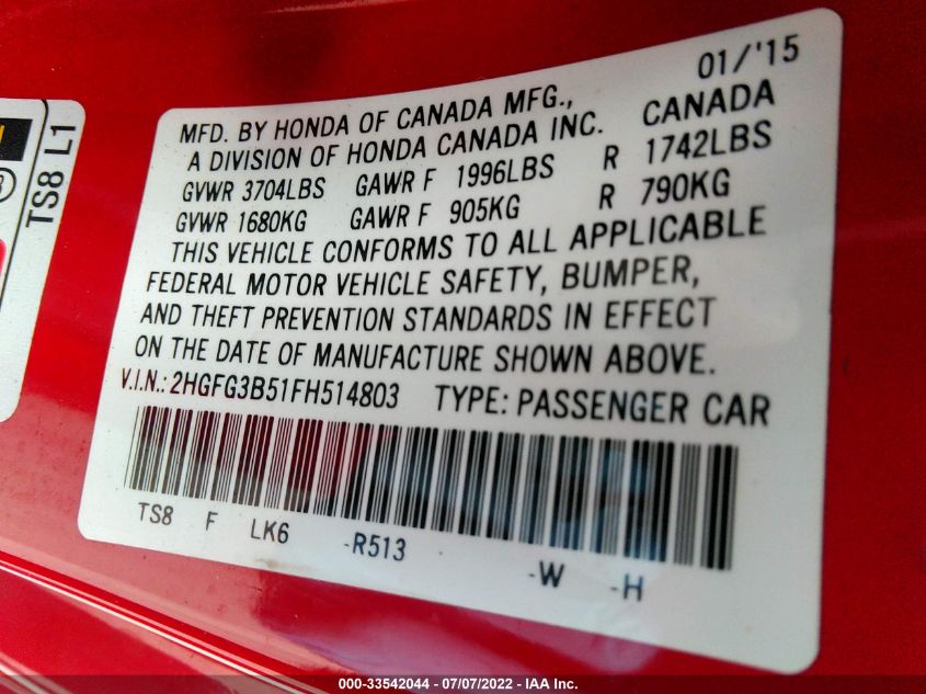 2015 HONDA CIVIC COUPE LX 2HGFG3B51FH514803