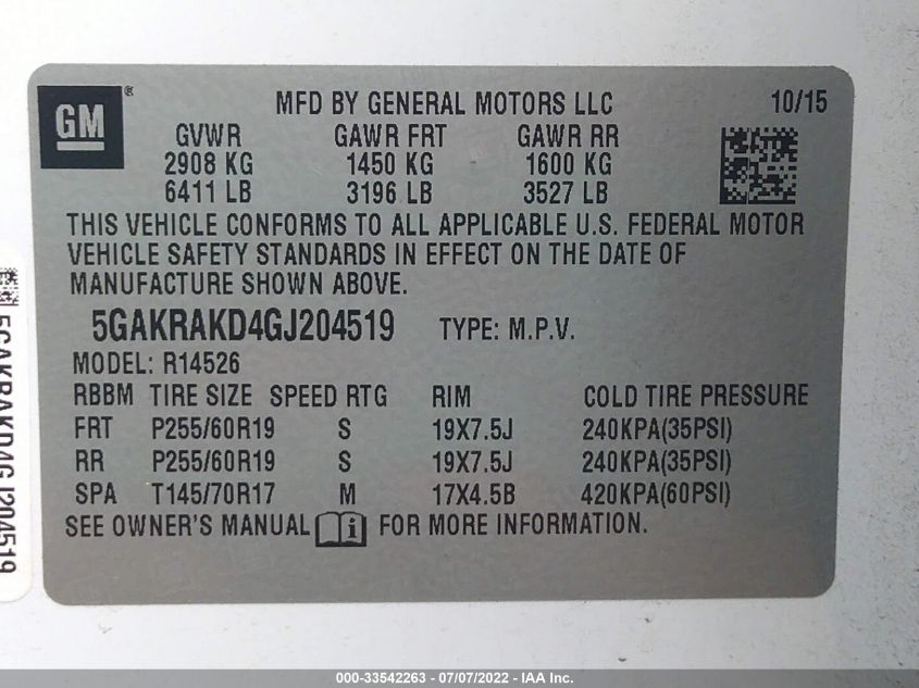 2016 BUICK ENCLAVE CONVENIENCE 5GAKRAKD4GJ204519