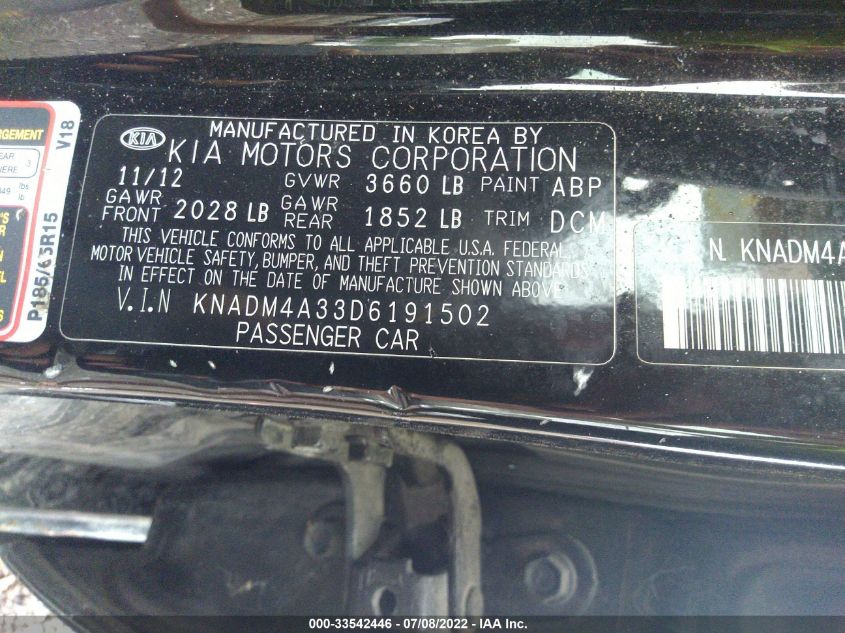2013 KIA RIO LX KNADM4A33D6191502