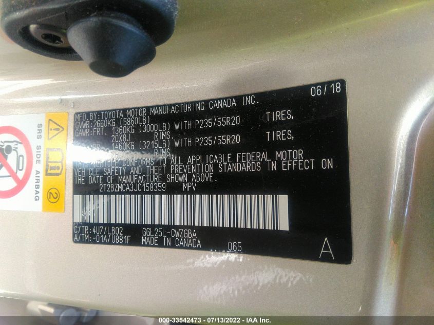 2018 LEXUS RX RX 350 2T2BZMCA3JC158359