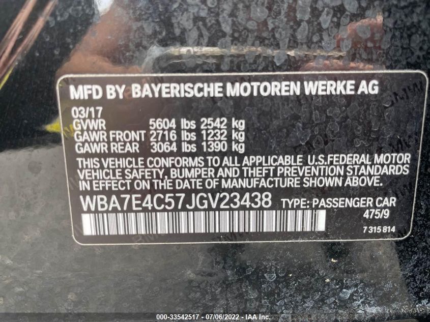 2018 BMW 7 SERIES 740I XDRIVE WBA7E4C57JGV23438