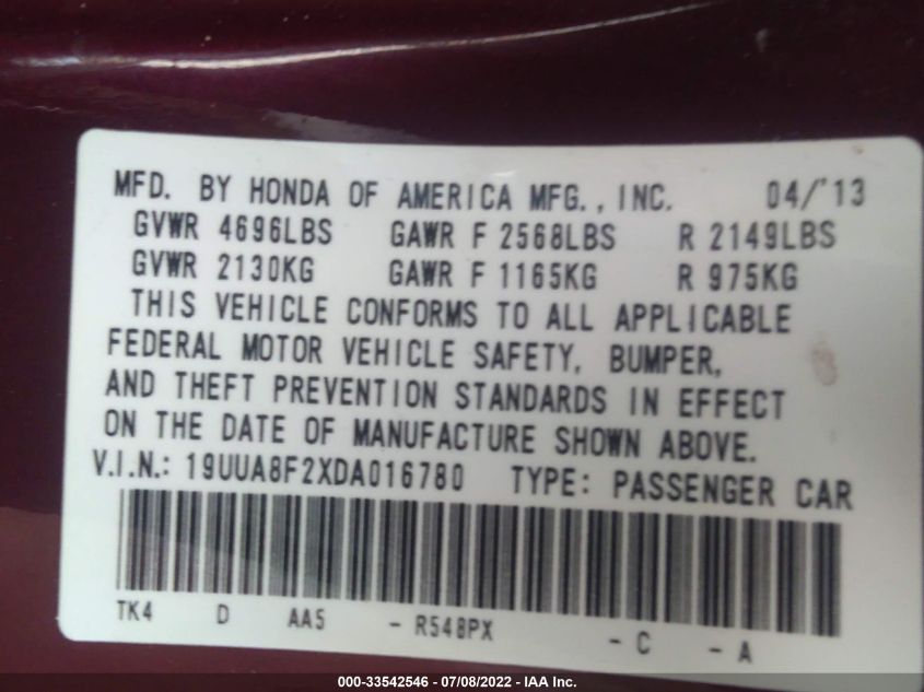 2013 ACURA TL 19UUA8F2XDA016780