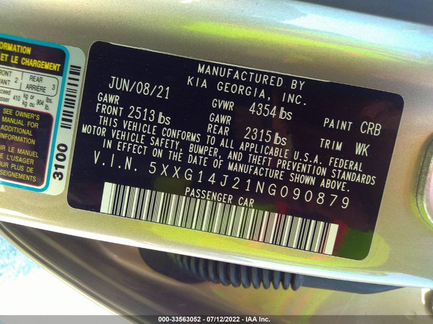 2022 KIA K5 LXS 5XXG14J21NG090879
