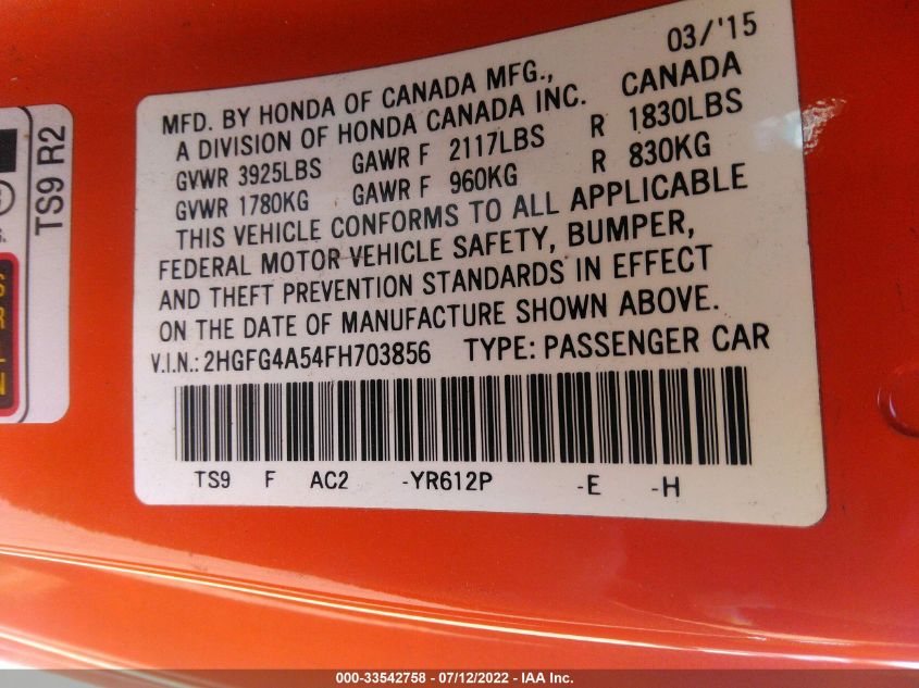 2015 HONDA CIVIC COUPE SI 2HGFG4A54FH703856