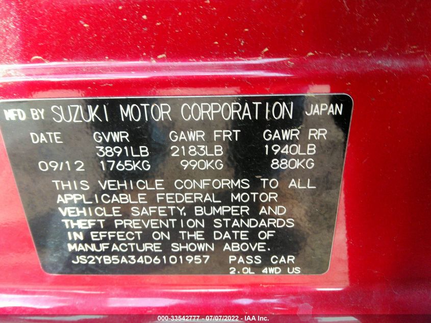 2013 SUZUKI SX4 CROSSOVER JS2YB5A34D6101957