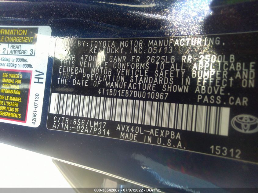 2013 TOYOTA AVALON HYBRID HYBRID/PREM/TOUR/LTD 4T1BD1EB7DU010967