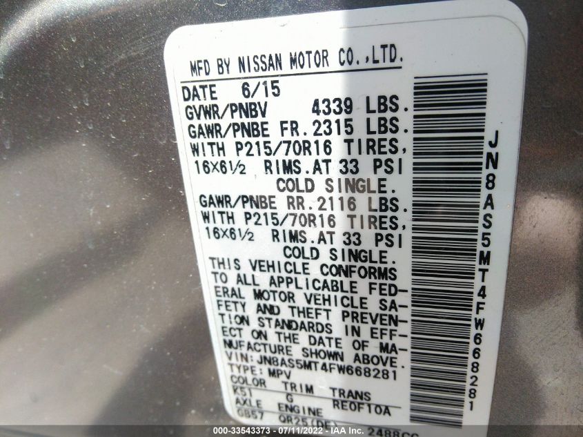 2015 NISSAN ROGUE SELECT S JN8AS5MT4FW668281