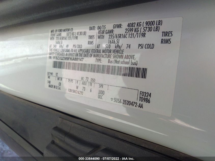 2015 FORD TRANSIT WAGON XL/XLT 1FBZX2ZM9FKA88147