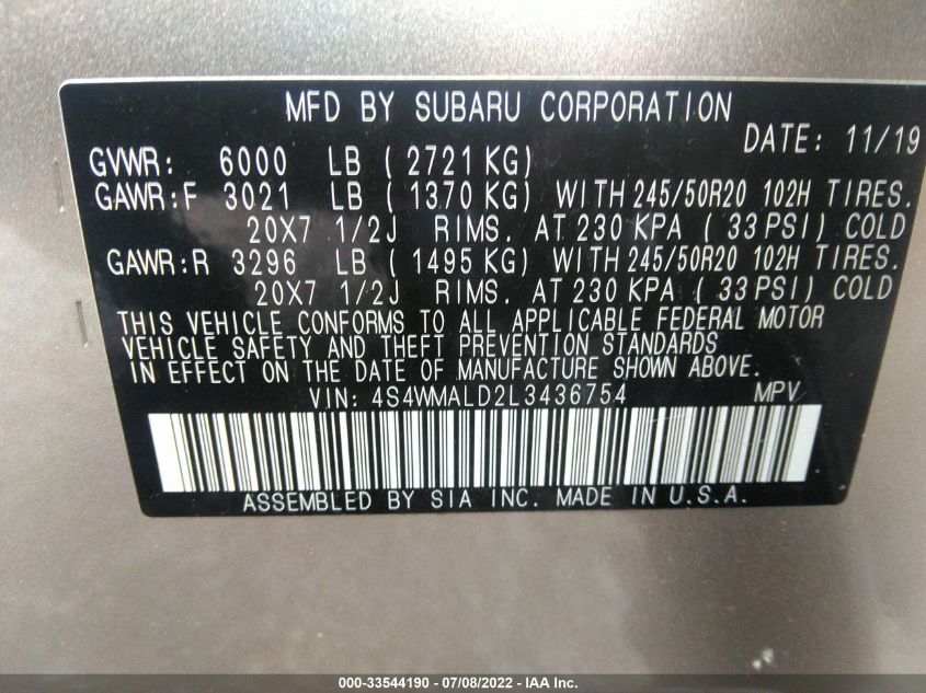 2020 SUBARU ASCENT LIMITED 4S4WMALD2L3436754