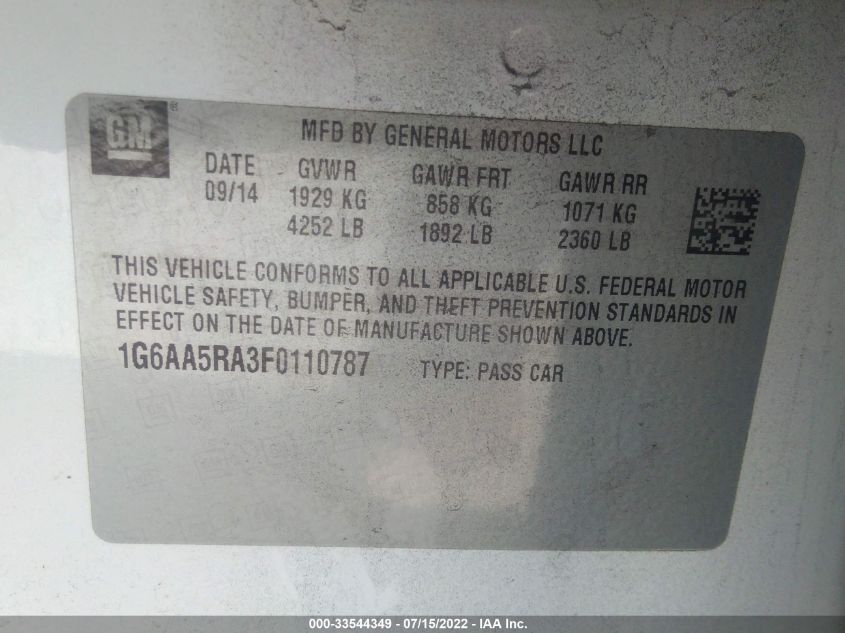 2015 CADILLAC ATS SEDAN STANDARD RWD 1G6AA5RA3F0110787