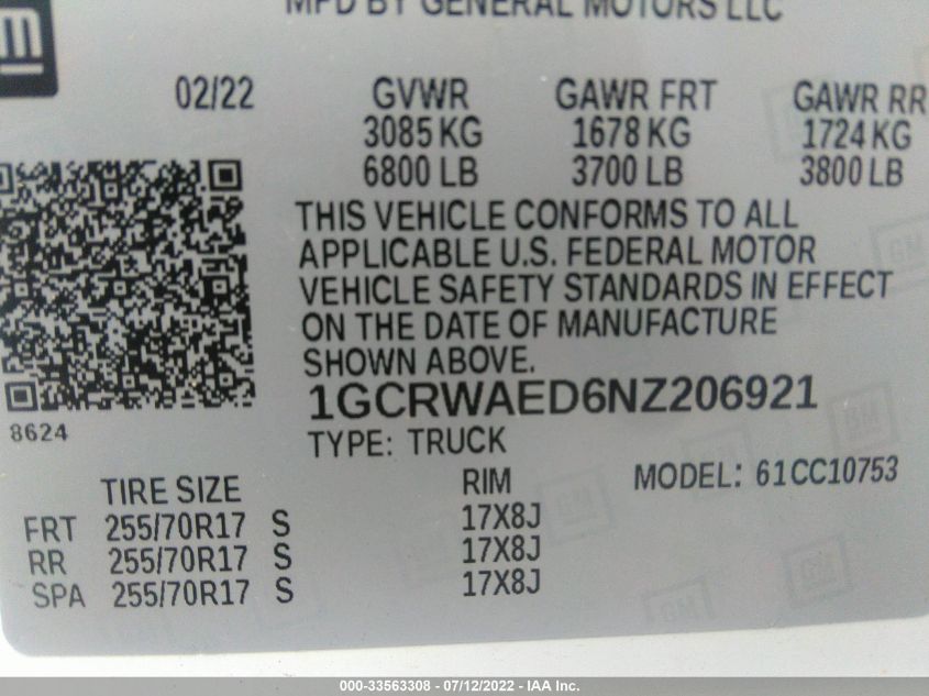 2022 CHEVROLET SILVERADO 1500 LTD WORK TRUCK 1GCRWAED6NZ206921