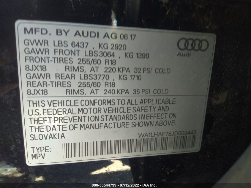 2018 AUDI Q7 PREMIUM PLUS WA1LHAF78JD003443