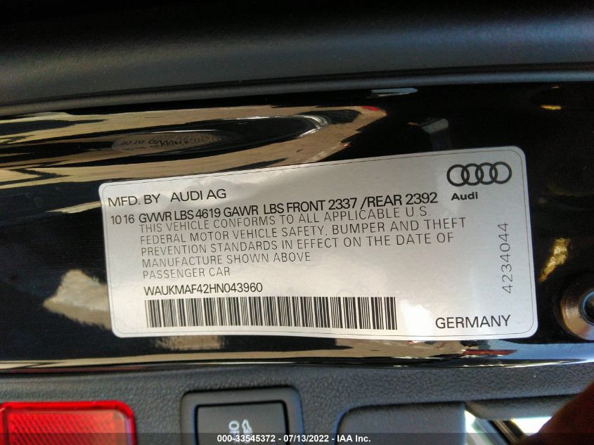 2017 AUDI A4 SEASON OF AUDI ULTRA WAUKMAF42HN043960