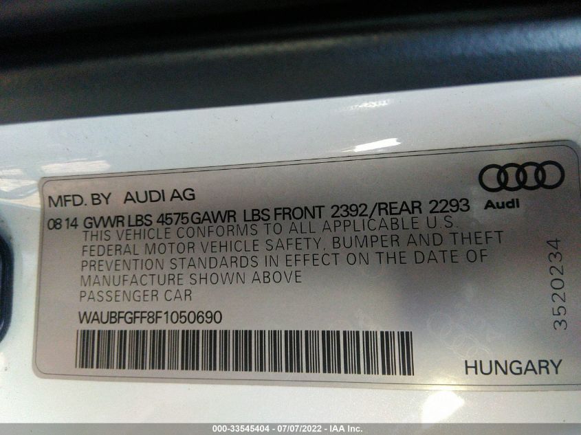 2015 AUDI S3/A3 2.0T PREMIUM WAUBFGFF8F1050690
