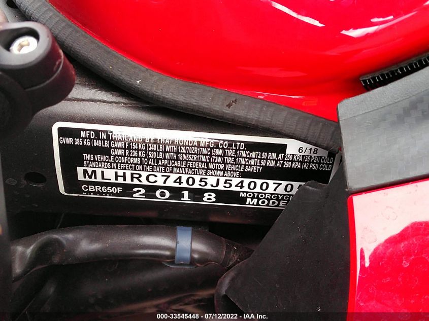 2018 HONDA CBR650 F - MLHRC7405J5400705