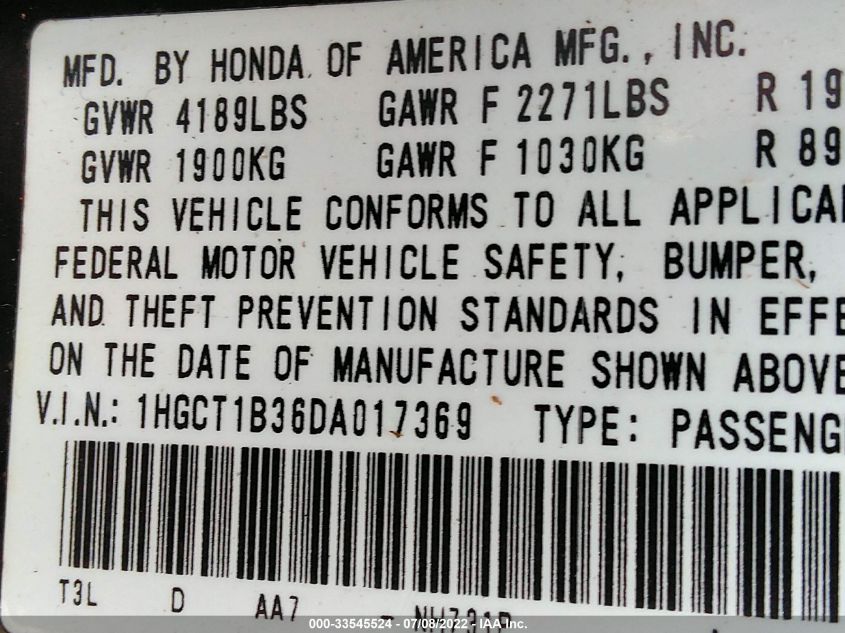 2013 HONDA ACCORD CPE LX-S 1HGCT1B36DA017369