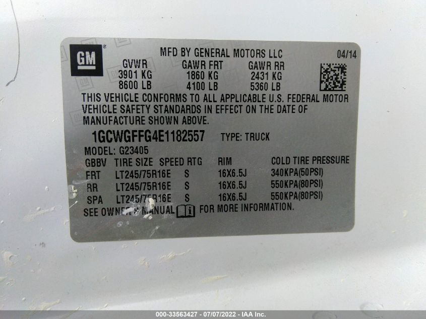 2014 CHEVROLET EXPRESS CARGO VAN 1GCWGFFG4E1182557