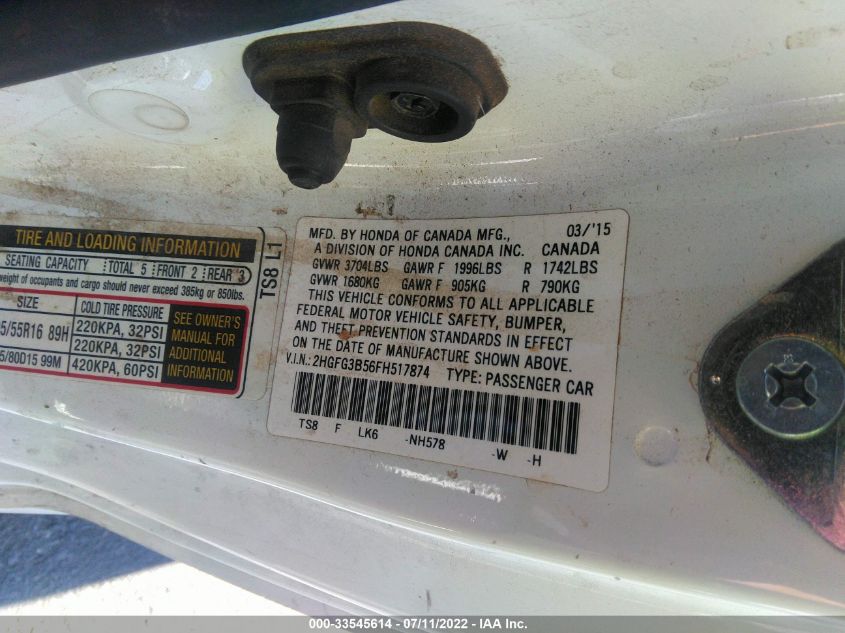 2015 HONDA CIVIC COUPE LX 2HGFG3B56FH517874