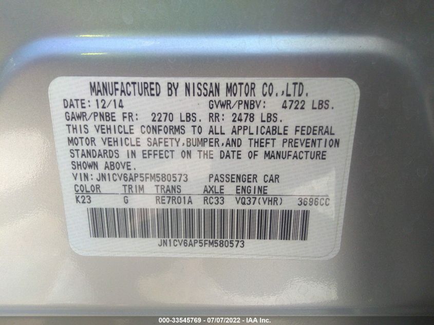 2015 INFINITI Q40 JN1CV6AP5FM580573