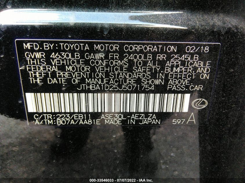 2018 LEXUS IS IS 300 JTHBA1D25J5071754