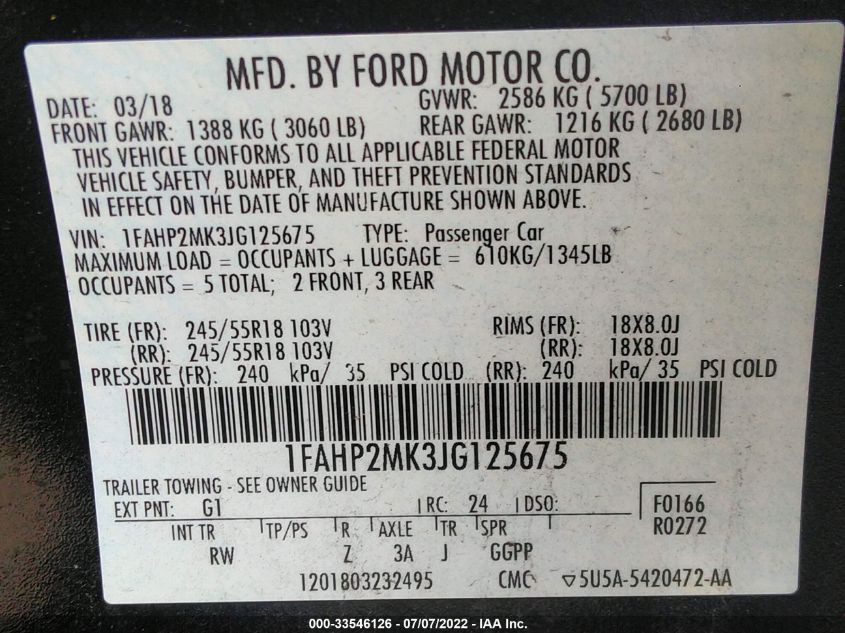 2018 FORD POLICE INTERCEPTOR SEDAN 1FAHP2MK3JG125675