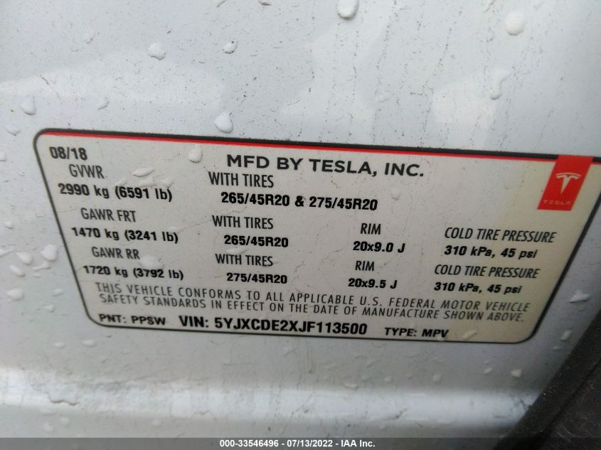 2018 TESLA MODEL X 75D/100D/P100D 5YJXCDE2XJF113500