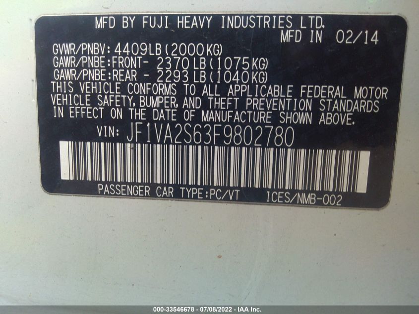 2015 SUBARU WRX STI LIMITED JF1VA2S63F9802780