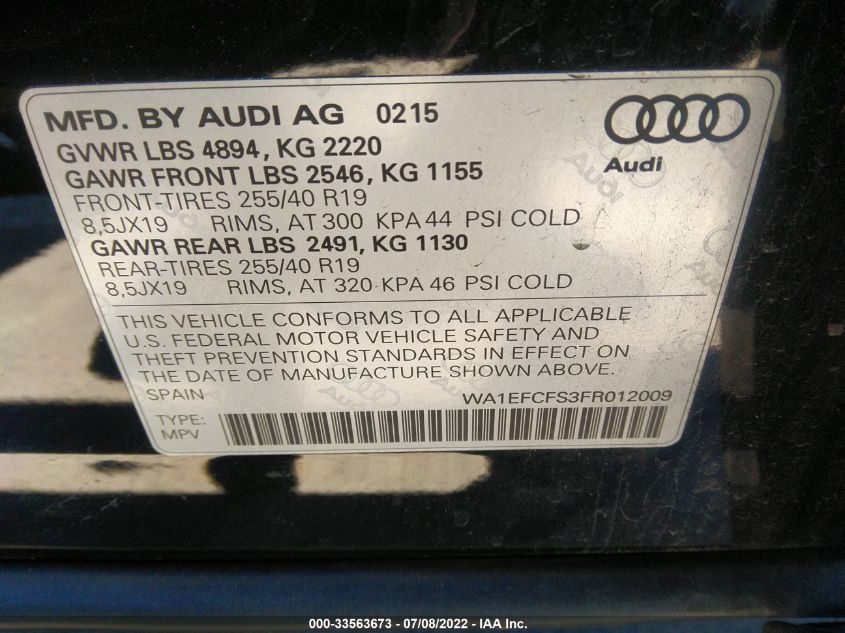 2015 AUDI Q3 2.0T PREMIUM PLUS WA1EFCFS3FR012009