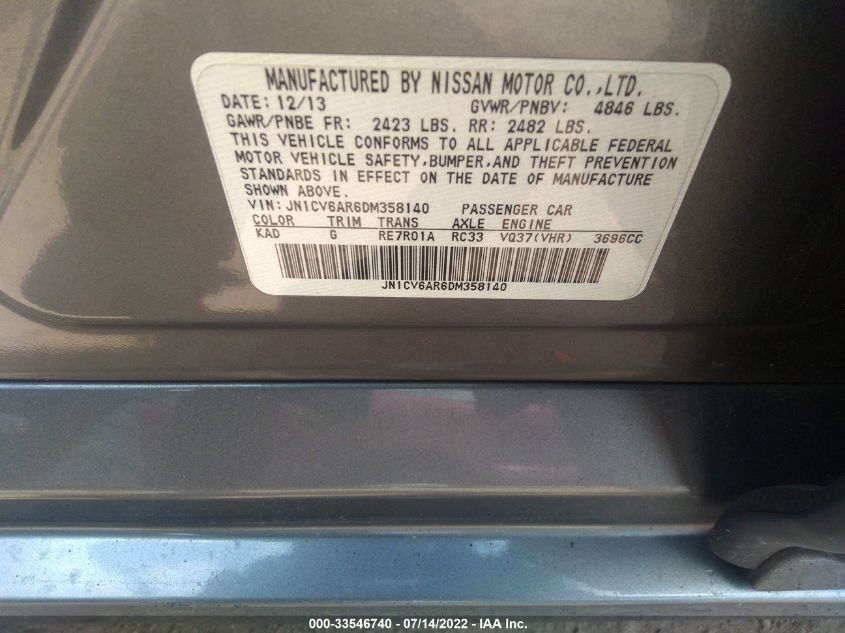 2013 INFINITI G37 SEDAN X JN1CV6AR6DM358140