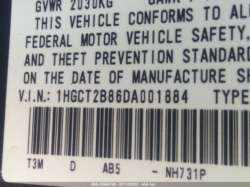 2013 HONDA ACCORD CPE EX-L 1HGCT2B86DA001884