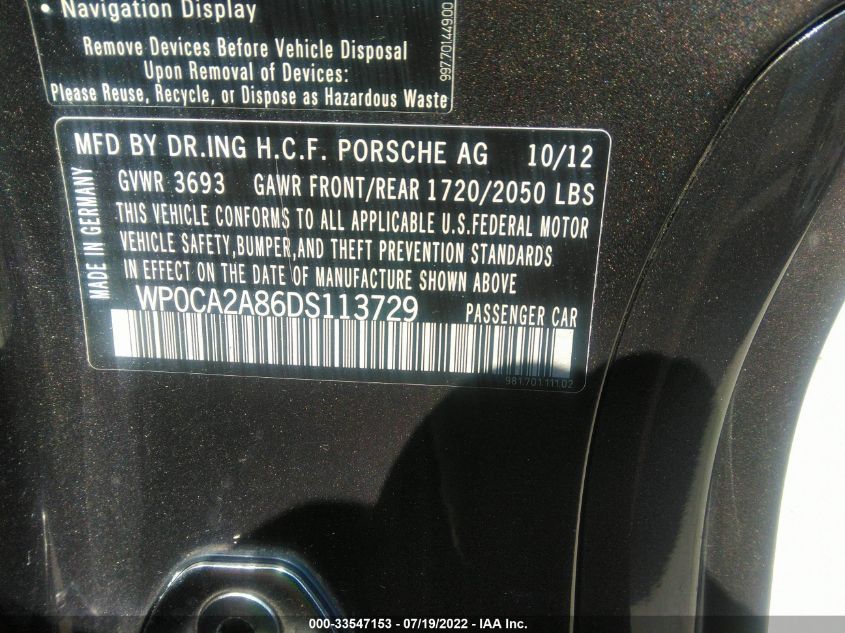 2013 PORSCHE BOXSTER WP0CA2A86DS113729