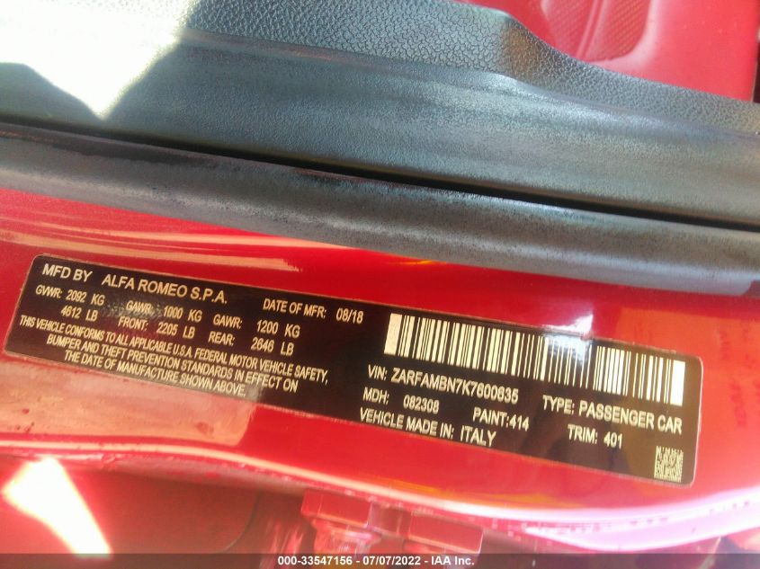 2019 ALFA ROMEO GIULIA TI SPORT ZARFAMBN7K7600635