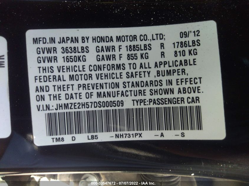2013 HONDA INSIGHT LX JHMZE2H57DS000509