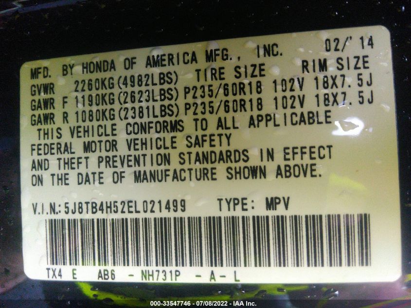2014 ACURA RDX TECH PKG 5J8TB4H52EL021499