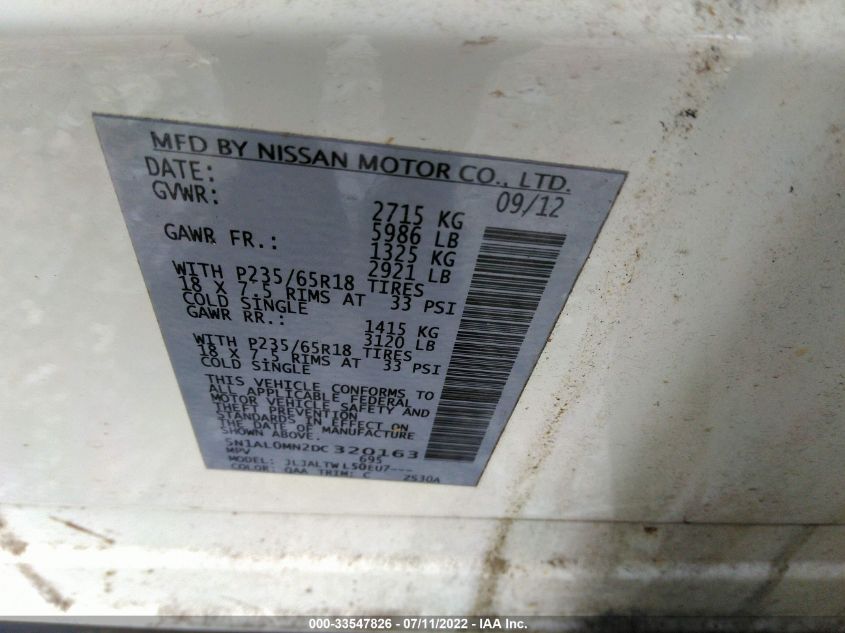 2013 INFINITI JX 5N1AL0MN2DC320163