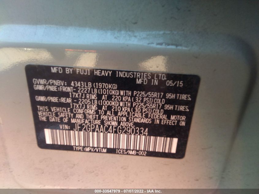 2015 SUBARU XV CROSSTREK JF2GPAAC4FG290334