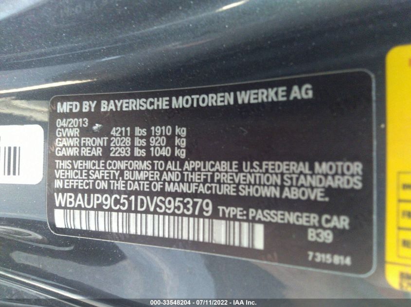 2013 BMW 1 SERIES 128I WBAUP9C51DVS95379