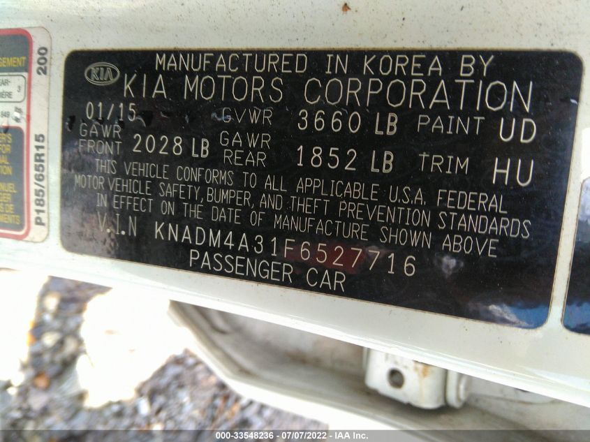 2015 KIA RIO LX KNADM4A31F6527716
