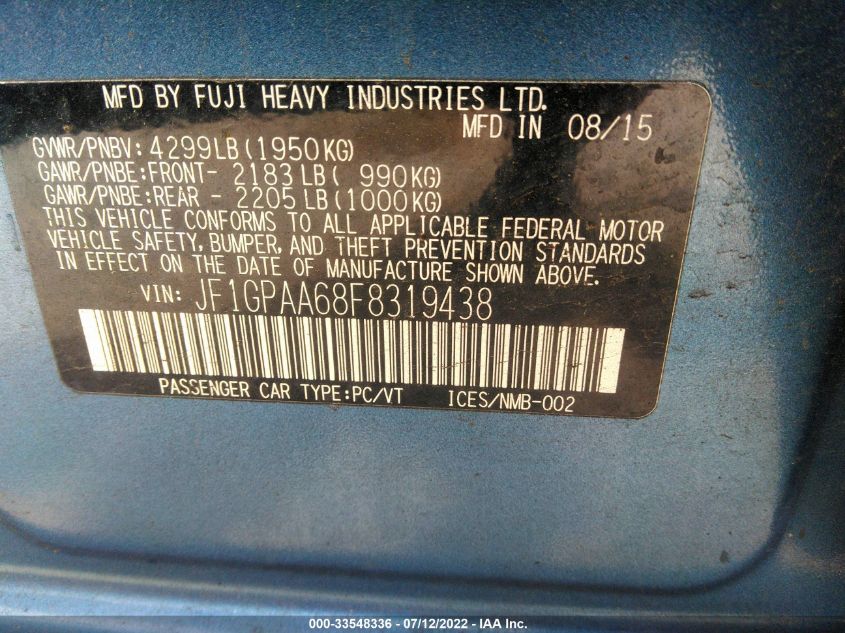 2015 SUBARU IMPREZA WAGON 2.0I JF1GPAA68F8319438