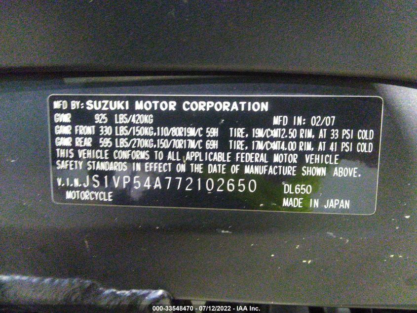 2007 SUZUKI DL650 JS1VP54A772102650
