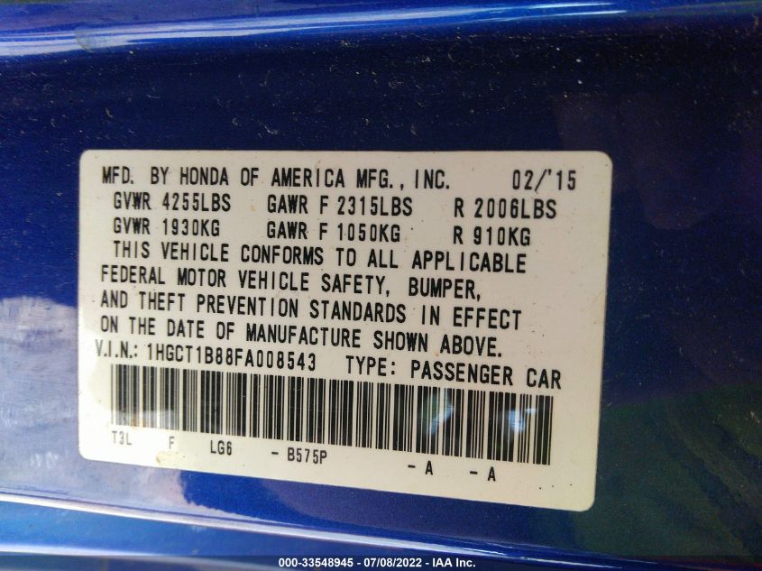 2015 HONDA ACCORD COUPE EX-L 1HGCT1B88FA008543