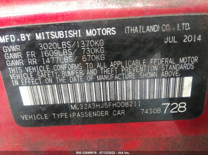2015 MITSUBISHI MIRAGE DE ML32A3HJ5FH008211