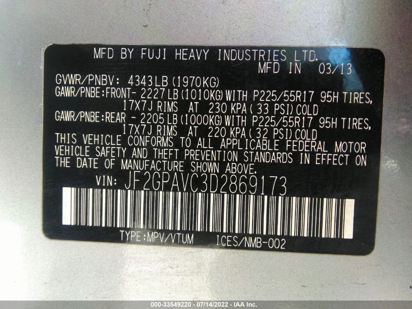 2013 SUBARU XV CROSSTREK PREMIUM JF2GPAVC3D2869173