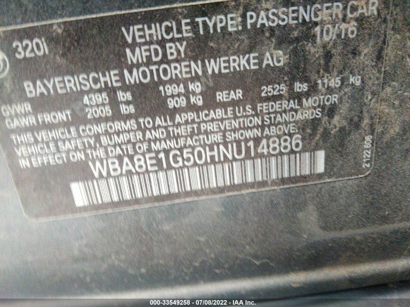 2017 BMW 3 SERIES 320I WBA8E1G50HNU14886