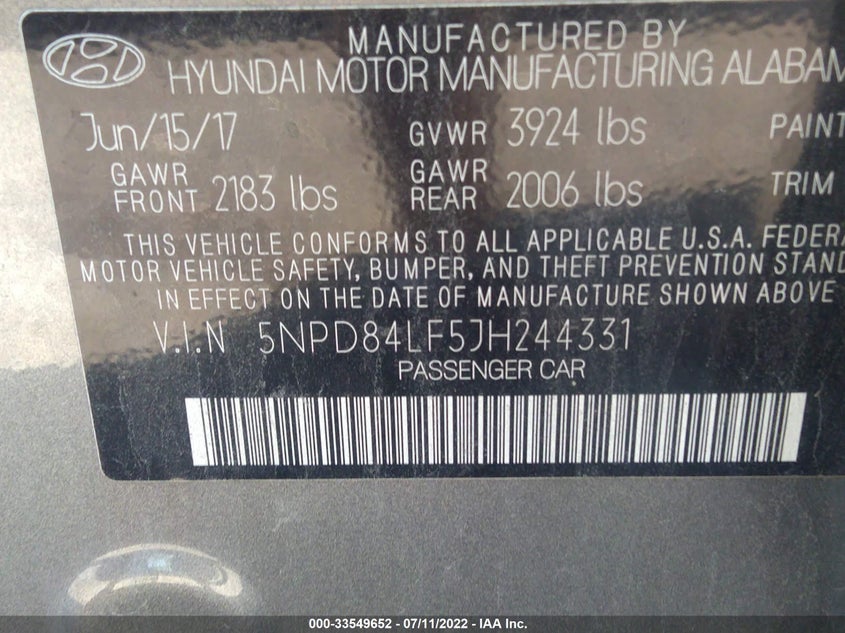 VIN 5NPD84LF5JH244331 2018 HYUNDAI ELANTRA VALUE EDITION