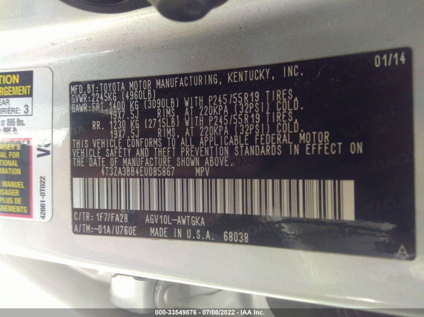 2014 TOYOTA VENZA LE 4T3ZA3BB4EU085867