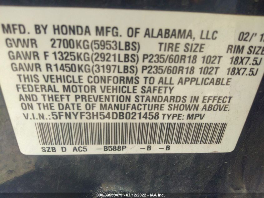 2013 HONDA PILOT EX-L - 5FNYF3H54DB021458