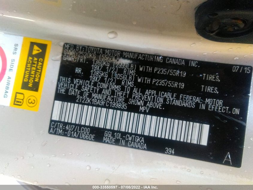 2015 LEXUS RX 350 2T2ZK1BA9FC199895