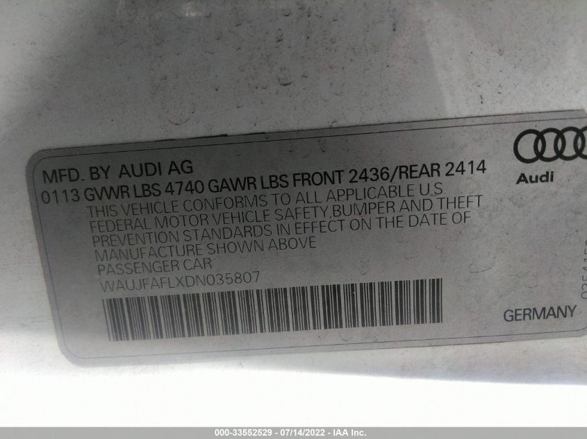 2013 AUDI A4 PRESTIGE WAUJFAFLXDN035807